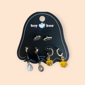 Hey Boo Halloween Earring Set 3 Pairs Bats Witch Hats Pumpkins Nickel Free New